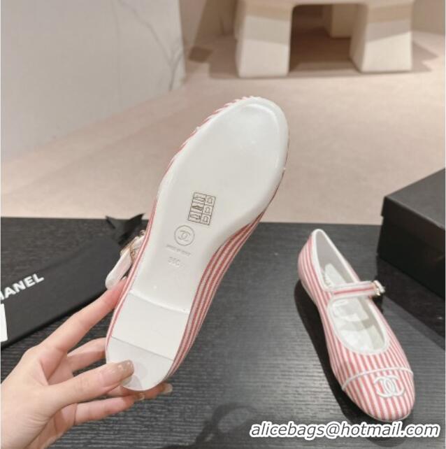 Grade Quality Chanel Stripes Embroidered Fabric Mary Janes Flat Ballet G45503 Pink 603084