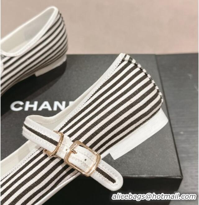 Low Cost Chanel Stripes Embroidered Fabric Mary Janes Flat Ballet G45503 Black 603085