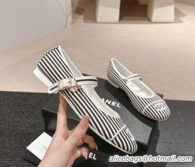 Low Cost Chanel Stripes Embroidered Fabric Mary Janes Flat Ballet G45503 Black 603085