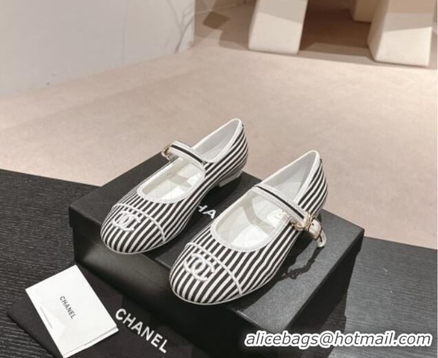 Low Cost Chanel Stripes Embroidered Fabric Mary Janes Flat Ballet G45503 Black 603085