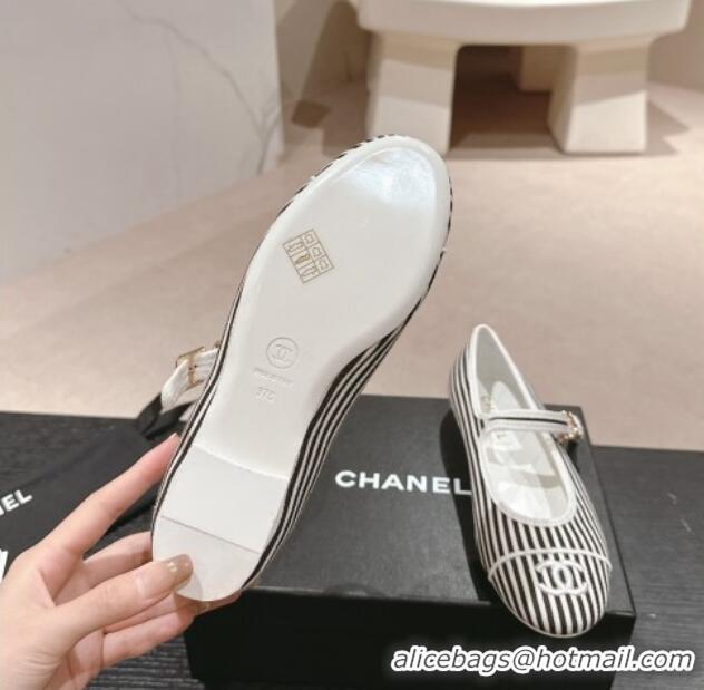 Low Cost Chanel Stripes Embroidered Fabric Mary Janes Flat Ballet G45503 Black 603085