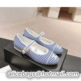 Good Quality Chanel Stripes Embroidered Fabric Mary Janes Flat Ballet G45503 Blue 603086