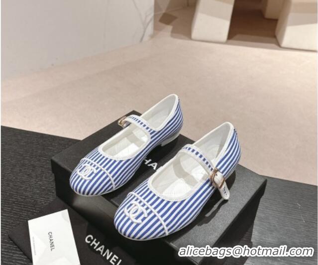 Good Quality Chanel Stripes Embroidered Fabric Mary Janes Flat Ballet G45503 Blue 603086