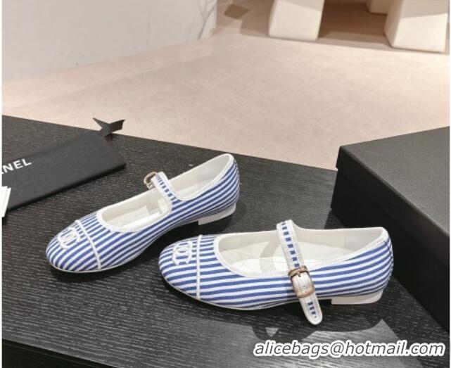 Good Quality Chanel Stripes Embroidered Fabric Mary Janes Flat Ballet G45503 Blue 603086