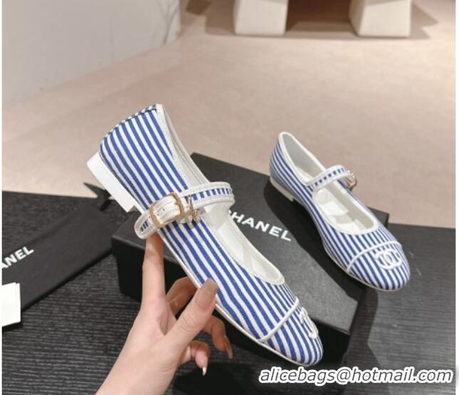 Good Quality Chanel Stripes Embroidered Fabric Mary Janes Flat Ballet G45503 Blue 603086