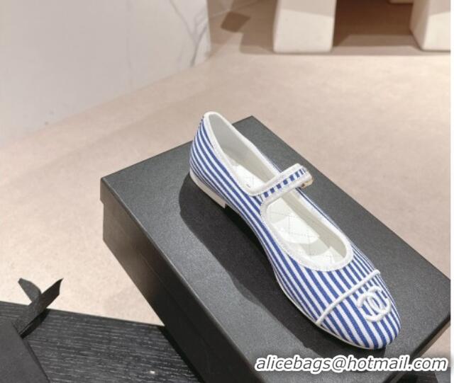 Good Quality Chanel Stripes Embroidered Fabric Mary Janes Flat Ballet G45503 Blue 603086