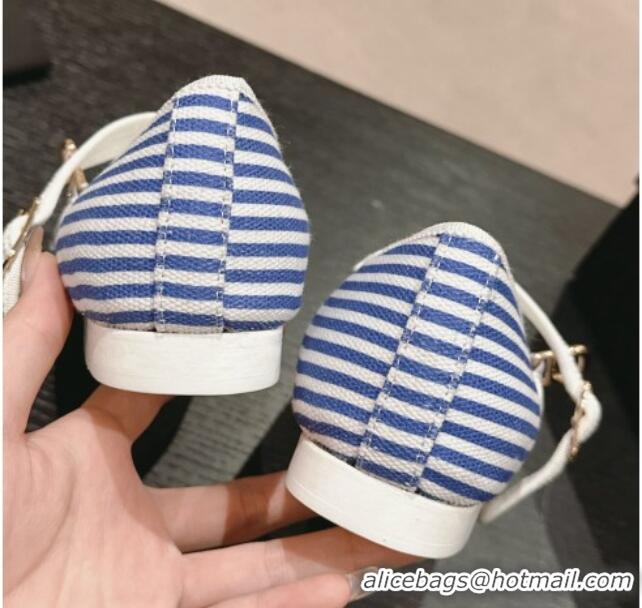 Good Quality Chanel Stripes Embroidered Fabric Mary Janes Flat Ballet G45503 Blue 603086