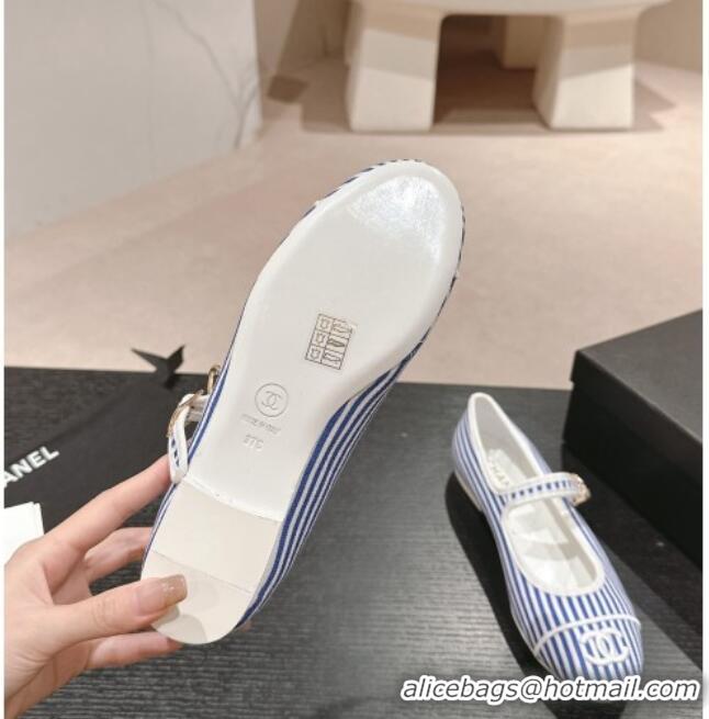 Good Quality Chanel Stripes Embroidered Fabric Mary Janes Flat Ballet G45503 Blue 603086