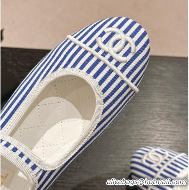 Good Quality Chanel Stripes Embroidered Fabric Mary Janes Flat Ballet G45503 Blue 603086