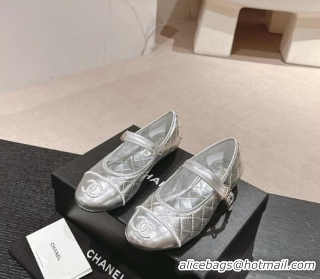 Fashion Chanel Quilted Mary Janes Flats Ballet G45503 Silver 603091