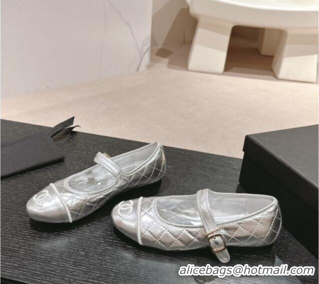 Fashion Chanel Quilted Mary Janes Flats Ballet G45503 Silver 603091