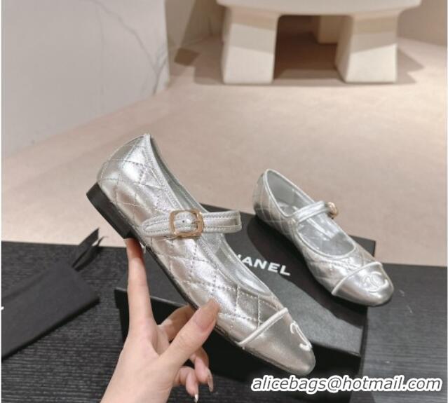 Fashion Chanel Quilted Mary Janes Flats Ballet G45503 Silver 603091