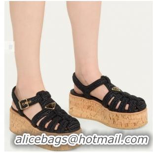 Top Quality Prada Raffia Cork Platform Fisherman Sandals PA8412 Black