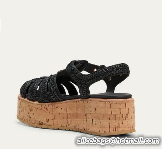 Top Quality Prada Raffia Cork Platform Fisherman Sandals PA8412 Black