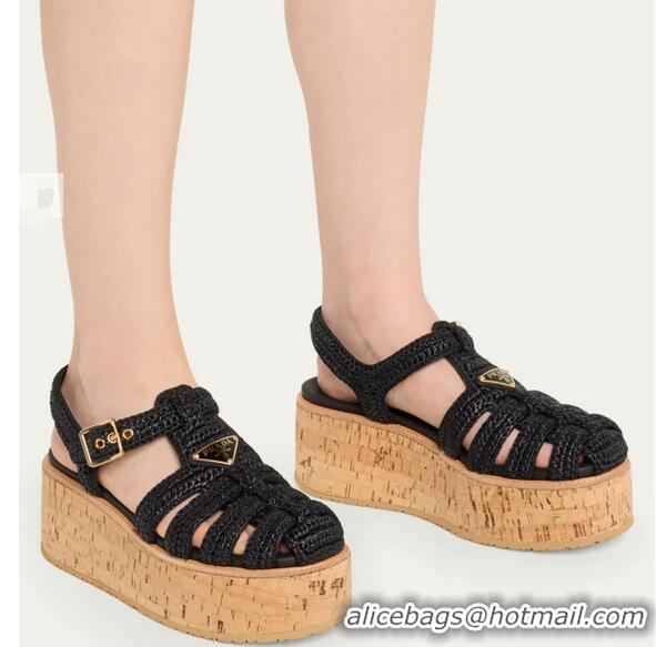 Top Quality Prada Raffia Cork Platform Fisherman Sandals PA8412 Black