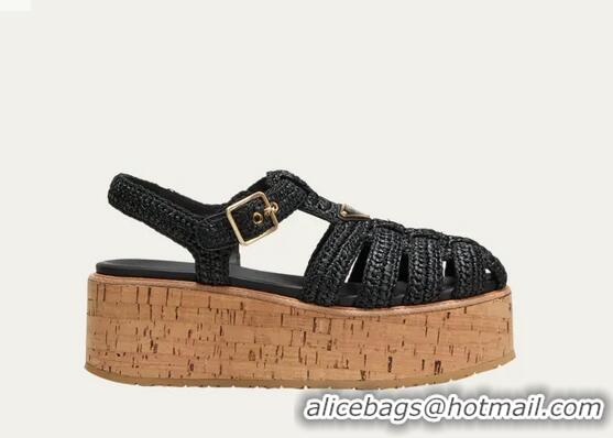 Top Quality Prada Raffia Cork Platform Fisherman Sandals PA8412 Black