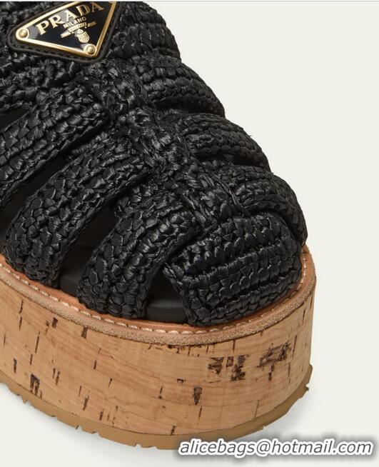 Top Quality Prada Raffia Cork Platform Fisherman Sandals PA8412 Black