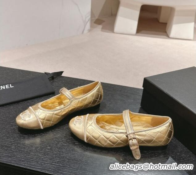 Pretty Style Chanel Quilted Mary Janes Flats Ballet G45503 Gold 603092