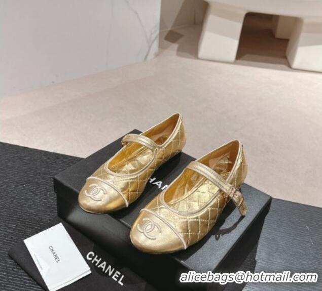 Pretty Style Chanel Quilted Mary Janes Flats Ballet G45503 Gold 603092