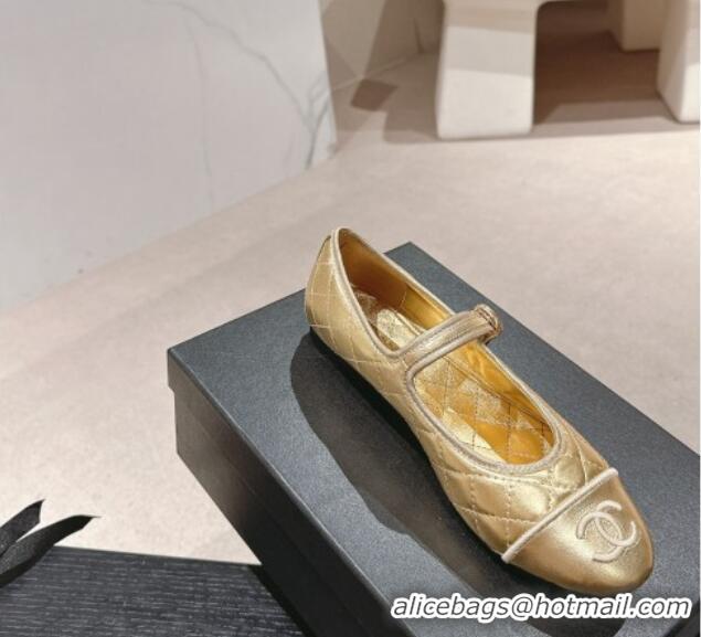 Pretty Style Chanel Quilted Mary Janes Flats Ballet G45503 Gold 603092