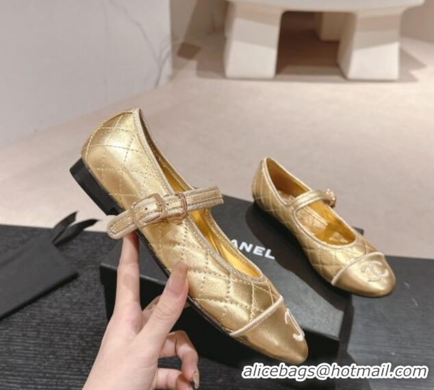 Pretty Style Chanel Quilted Mary Janes Flats Ballet G45503 Gold 603092