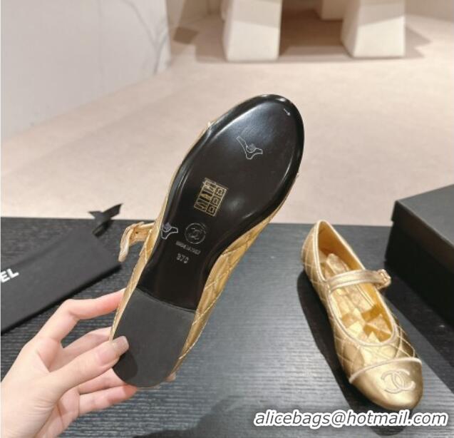 Pretty Style Chanel Quilted Mary Janes Flats Ballet G45503 Gold 603092