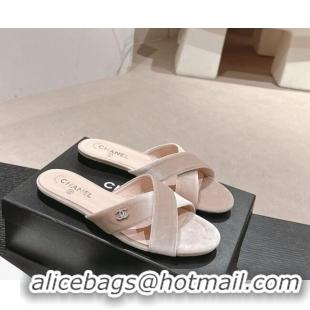 Purchase Chanel Velvet Flat Slides Sandals with Cross Strap Pink 603093