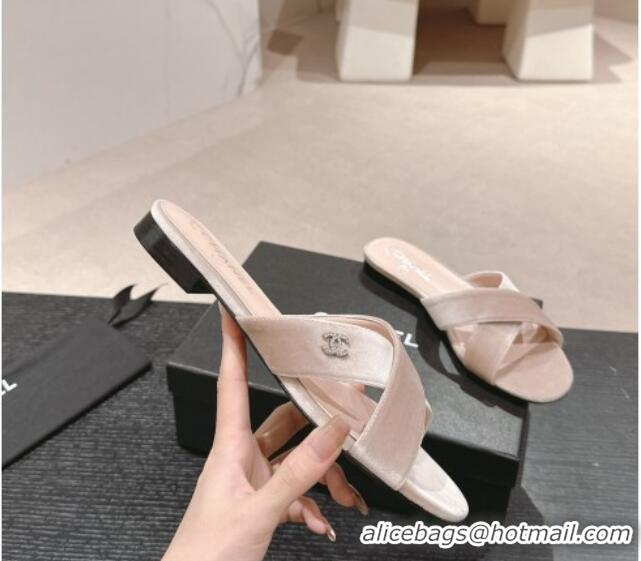 Purchase Chanel Velvet Flat Slides Sandals with Cross Strap Pink 603093