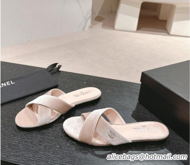 Purchase Chanel Velvet Flat Slides Sandals with Cross Strap Pink 603093