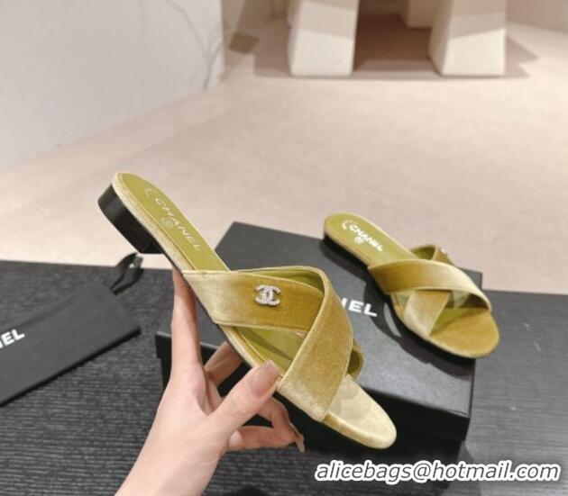 Best Grade Chanel Velvet Flat Slides Sandals with Cross Strap Green 603094