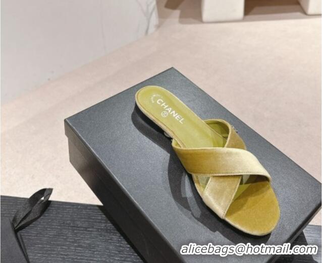 Best Grade Chanel Velvet Flat Slides Sandals with Cross Strap Green 603094