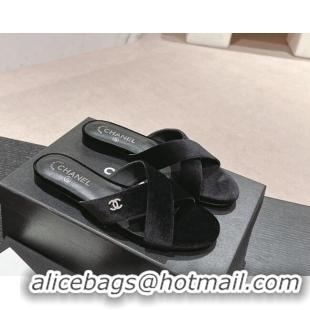 Low Price Chanel Velvet Flat Slides Sandals with Cross Strap Black 603095