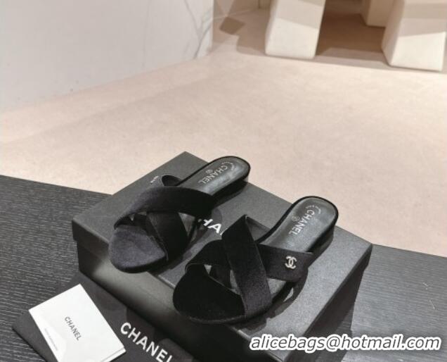 Low Price Chanel Velvet Flat Slides Sandals with Cross Strap Black 603095