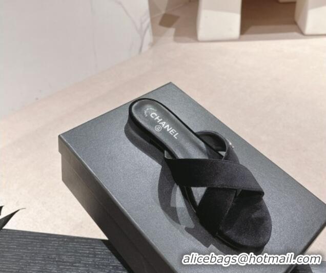 Low Price Chanel Velvet Flat Slides Sandals with Cross Strap Black 603095