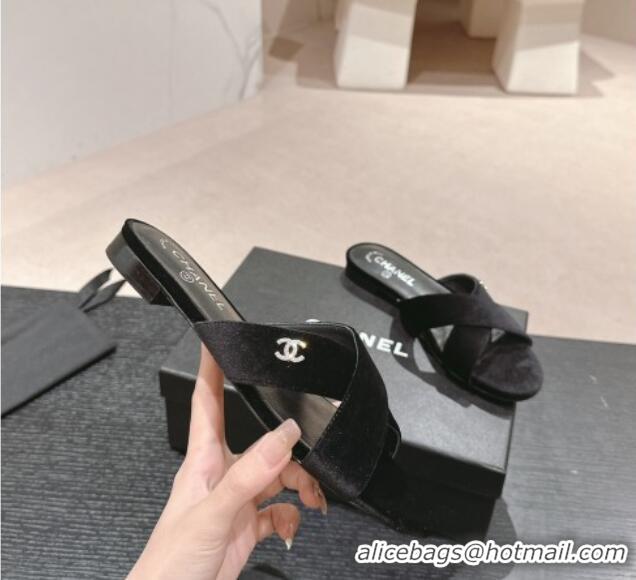 Low Price Chanel Velvet Flat Slides Sandals with Cross Strap Black 603095