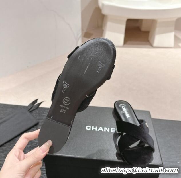 Low Price Chanel Velvet Flat Slides Sandals with Cross Strap Black 603095