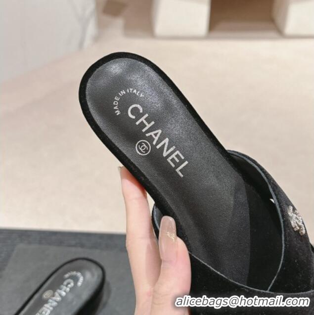 Low Price Chanel Velvet Flat Slides Sandals with Cross Strap Black 603095