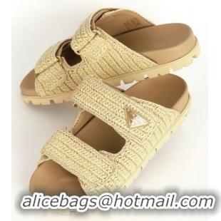 Shop Cheap Prada Fussbett Raffia Dual Buckle Slide Sandals PA8794 Beige