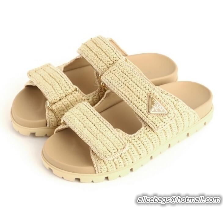 Shop Cheap Prada Fussbett Raffia Dual Buckle Slide Sandals PA8794 Beige