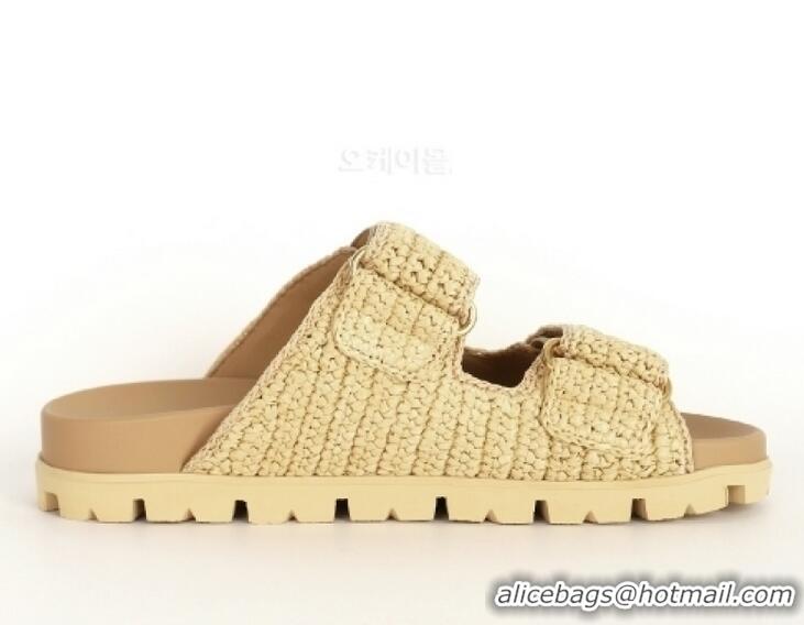 Shop Cheap Prada Fussbett Raffia Dual Buckle Slide Sandals PA8794 Beige