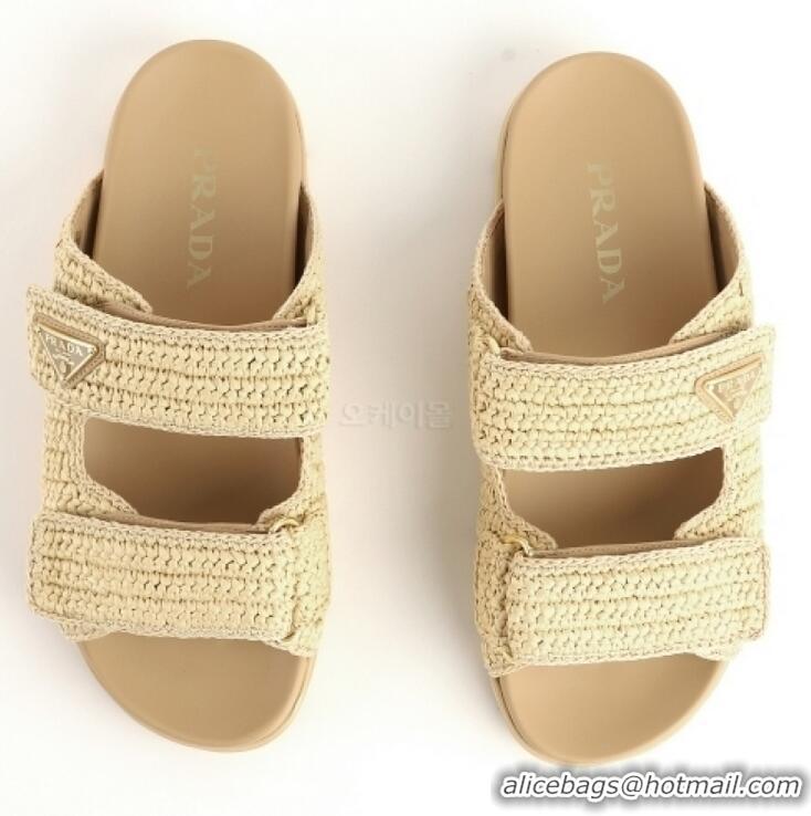 Shop Cheap Prada Fussbett Raffia Dual Buckle Slide Sandals PA8794 Beige