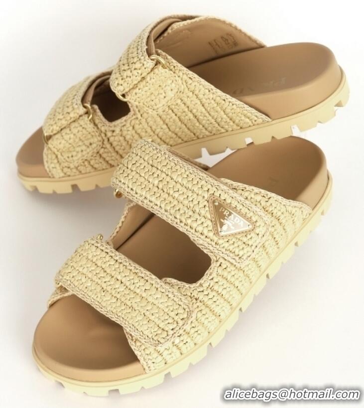 Shop Cheap Prada Fussbett Raffia Dual Buckle Slide Sandals PA8794 Beige