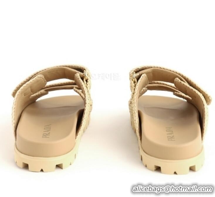 Shop Cheap Prada Fussbett Raffia Dual Buckle Slide Sandals PA8794 Beige