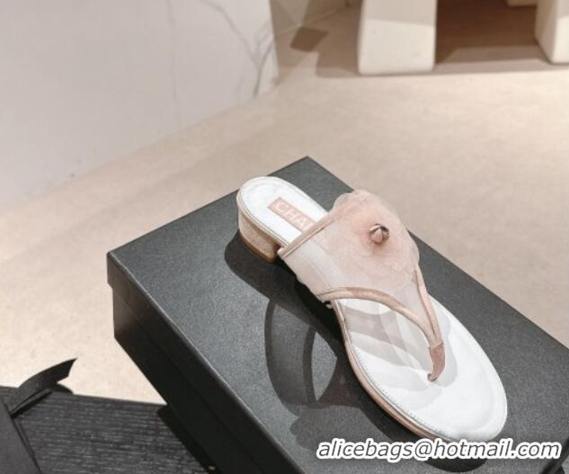 Luxurious Chanel Mesh Flat Slides Sandals with Flower Light Pink 603096