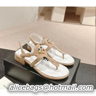 Sophisticated Chanel Suede Flat Thong Sandals with Pearls Flower Beige 603098