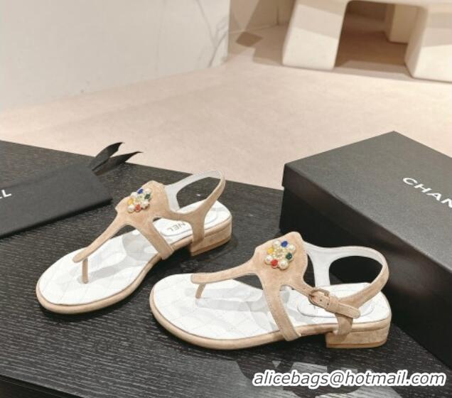 Sophisticated Chanel Suede Flat Thong Sandals with Pearls Flower Beige 603098