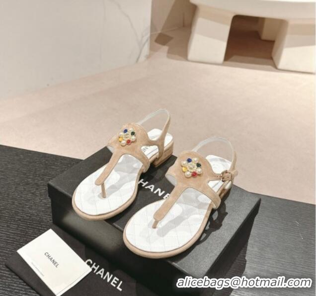 Sophisticated Chanel Suede Flat Thong Sandals with Pearls Flower Beige 603098