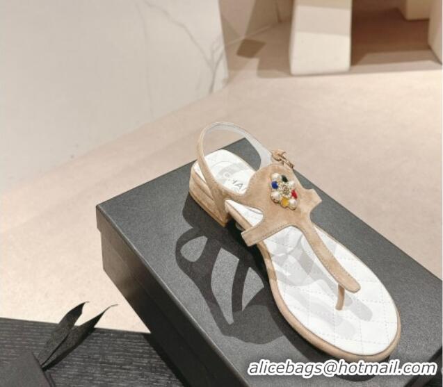 Sophisticated Chanel Suede Flat Thong Sandals with Pearls Flower Beige 603098