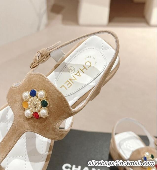 Sophisticated Chanel Suede Flat Thong Sandals with Pearls Flower Beige 603098