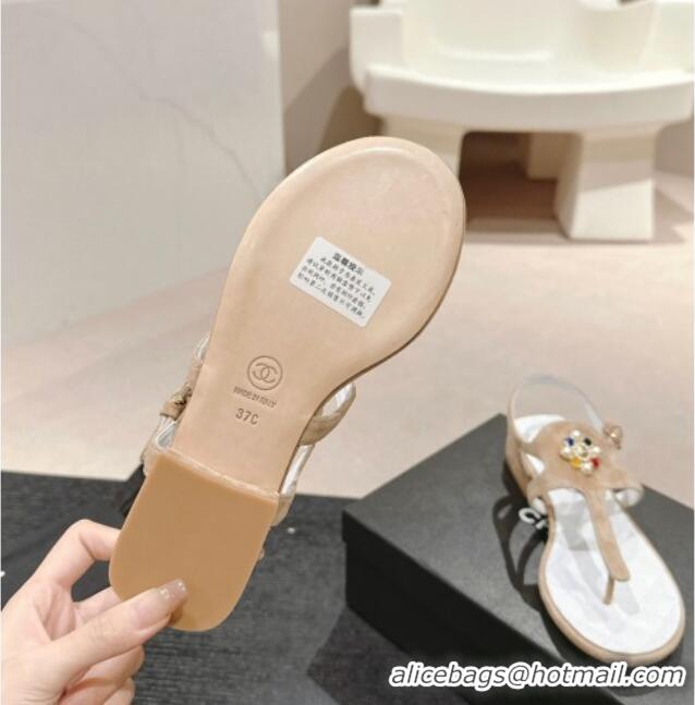 Sophisticated Chanel Suede Flat Thong Sandals with Pearls Flower Beige 603098